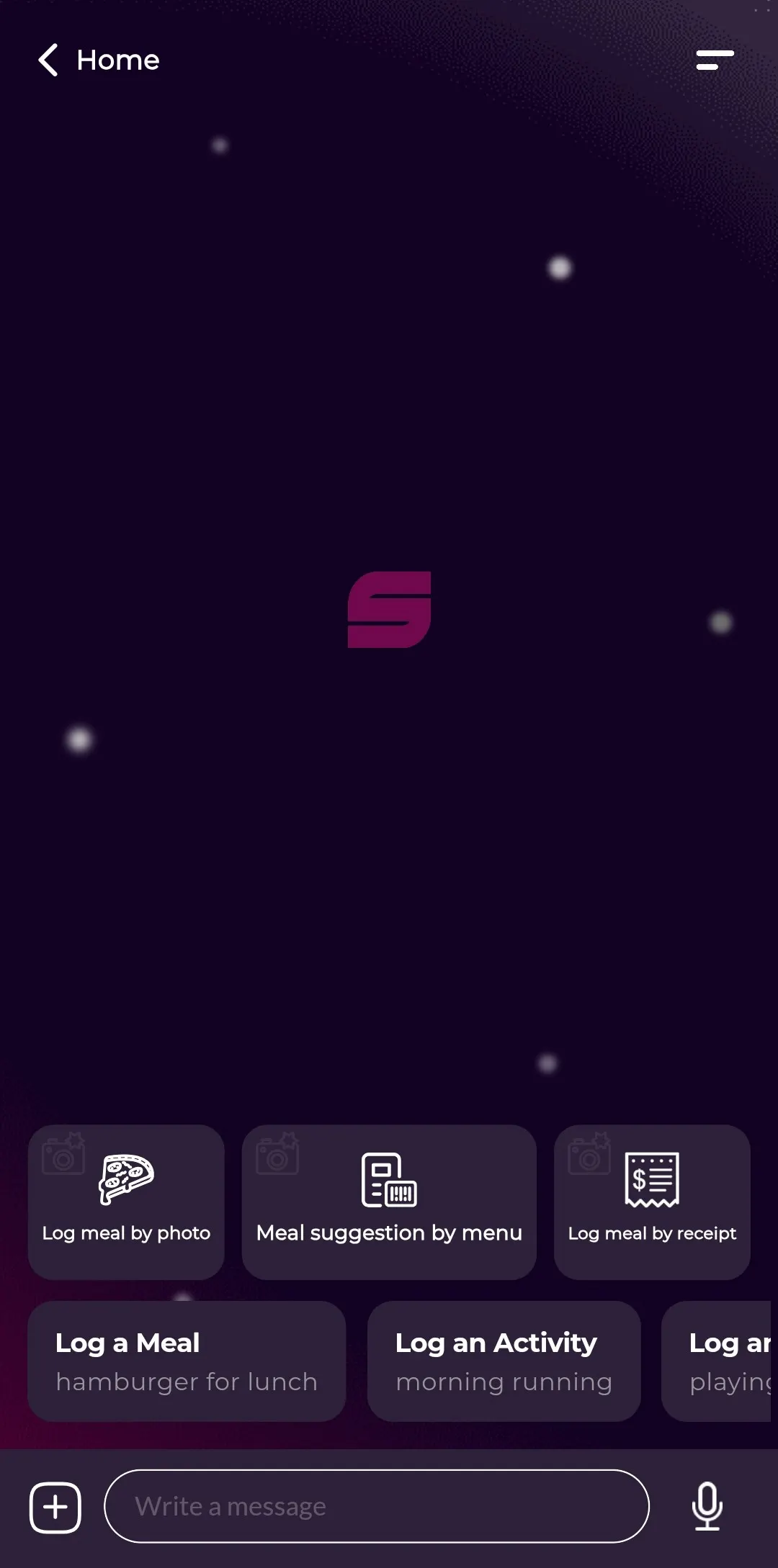 Sbody Tracker home: log a meal by photo, menu or receipt, or log an activity